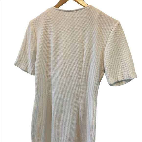 White Waffle Short Sleeve Gold Button V Neck Mini Dress - Picture 5 of 7